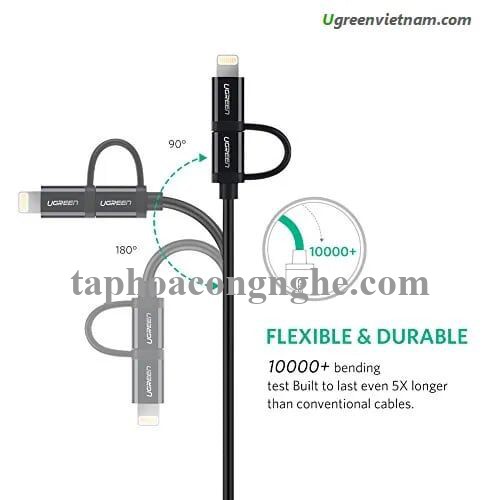 Ugreen 40939 0.5M màu Đen Cáp sạc đa năng USB sang MicroUSB + Lightning US178 30040939